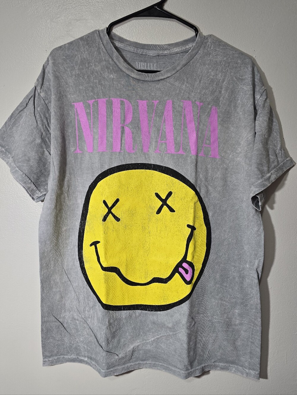 Vintage Style Nirvana Acid Wash Smiley Face Graphic Tee- LARGE